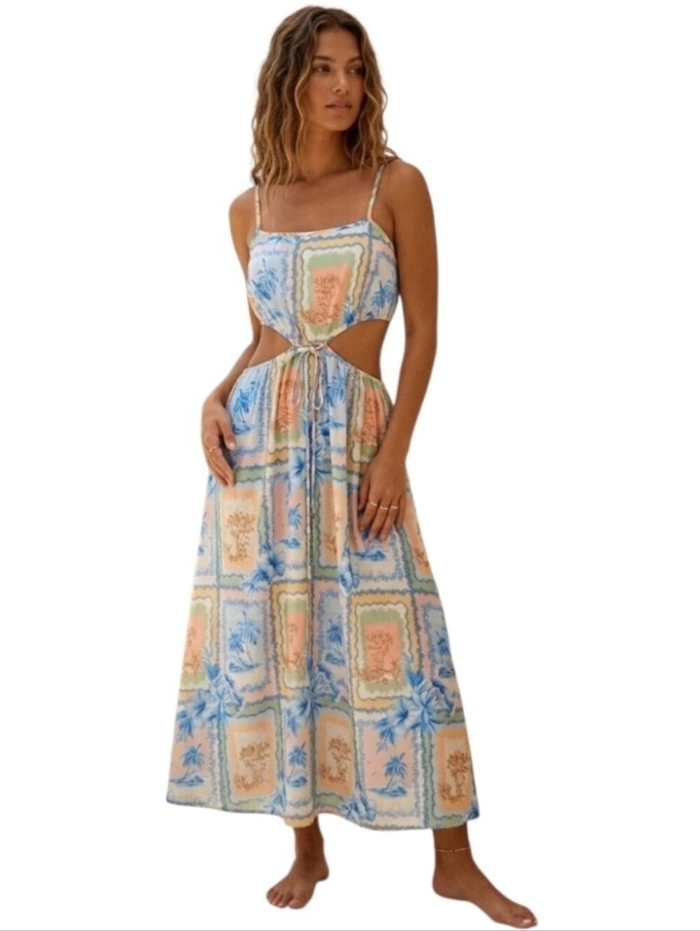 Blue & Peach Patterned Spaghetti-Strap Cut Out  Midi Dress